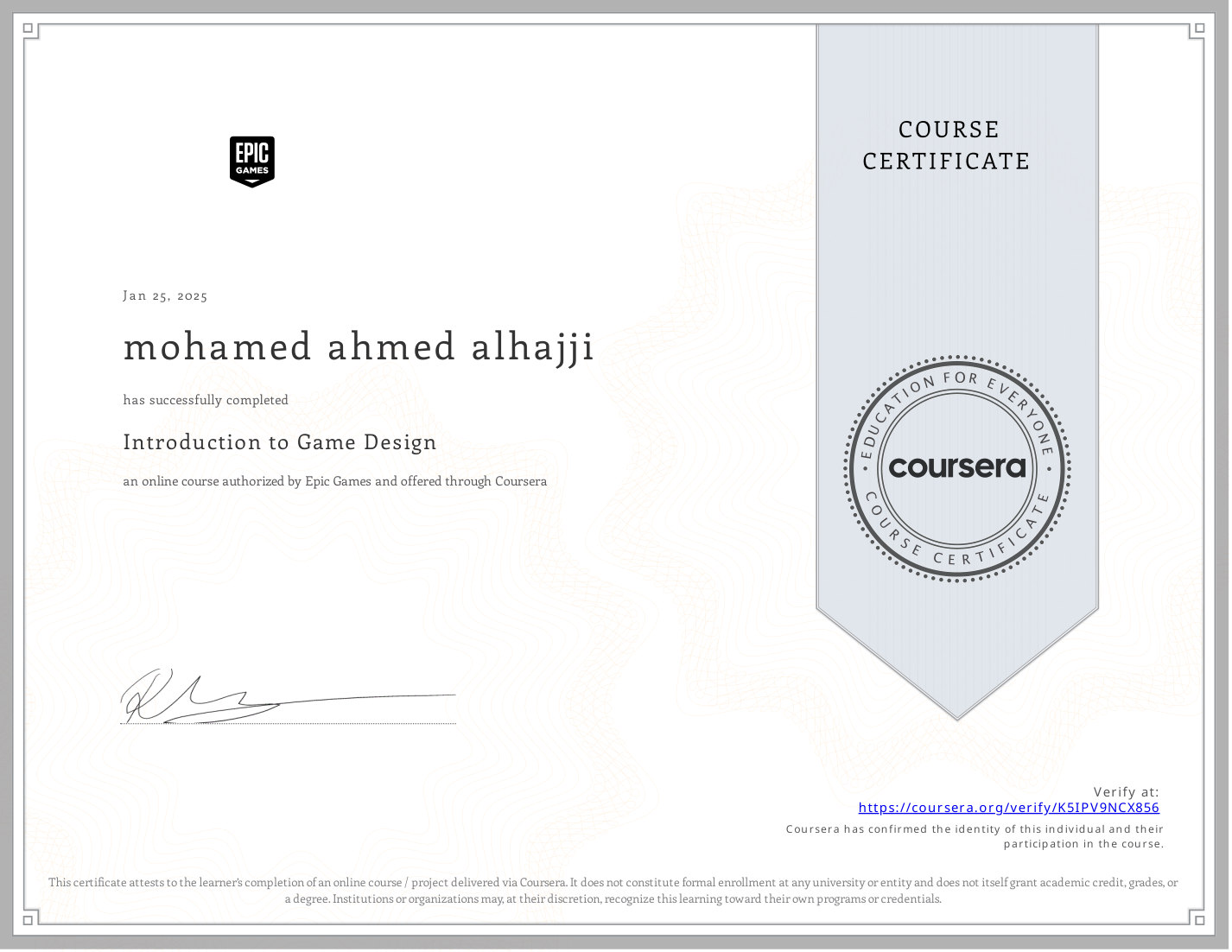 Intro to Game Design certificate preview
