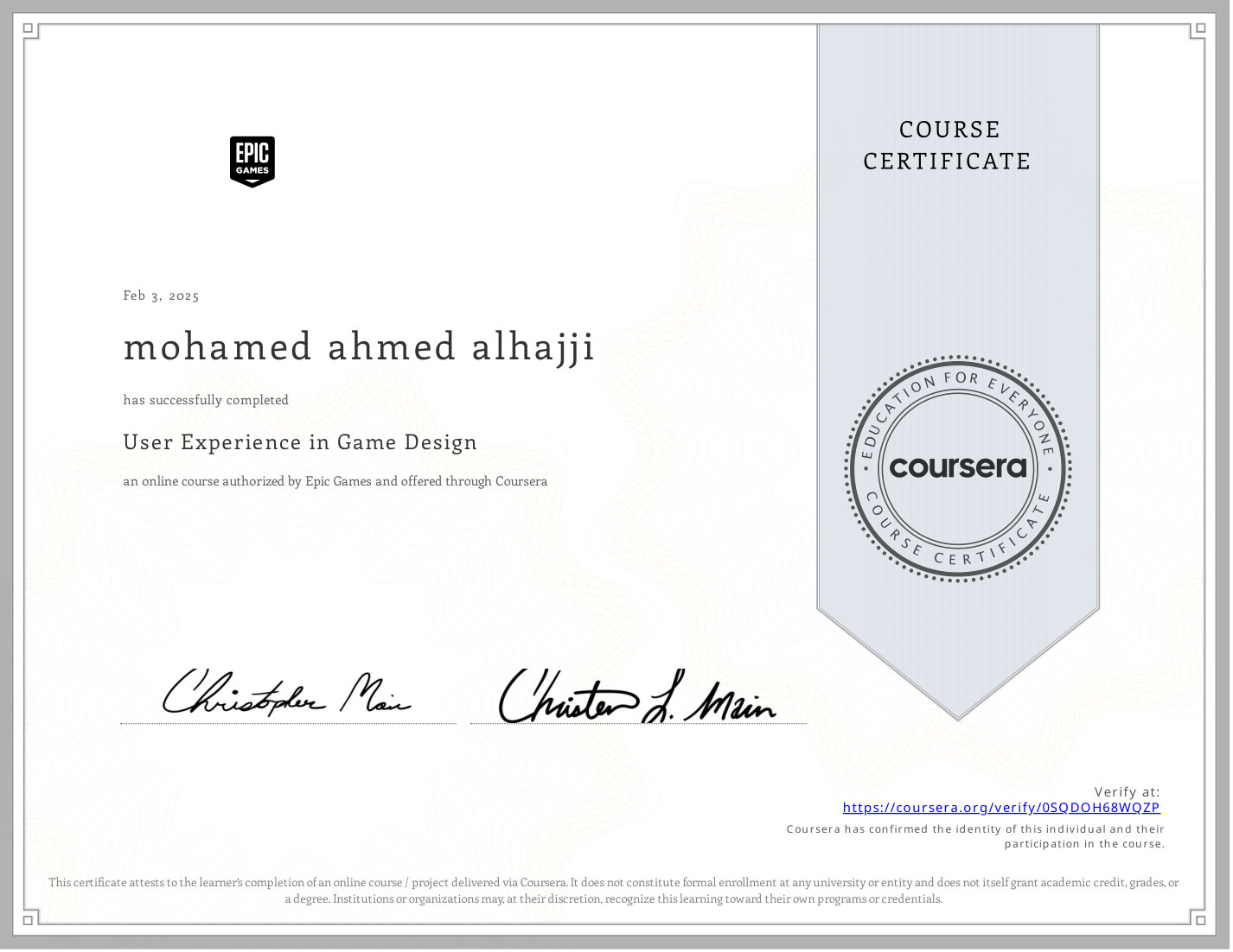 UX in Game Design certificate preview